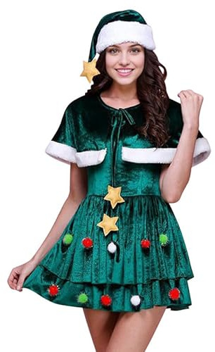 LAEMILIA Damen-Weihnachtsbaum-Kostüm, Weihnachts-Kostüm, festliches Verkleiden, Damen-Weihnachtskostüme, 2-teilig, grünes Samt-Minikleid, lustige Weihnachts-Party, Kopfbedeckung, Größe S-3XL