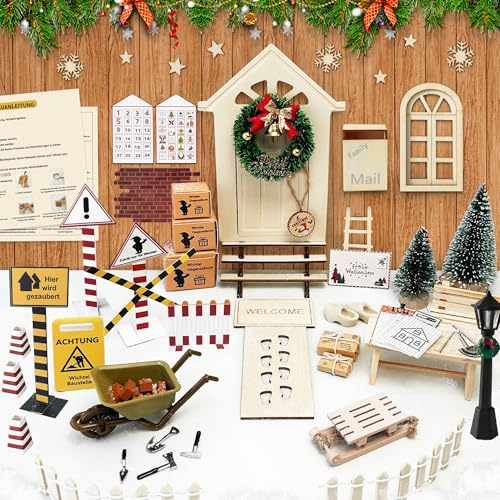 ROLLWAY 90 Stück Miniatur Wichtel Zubehör Baustelle Set, Weihnachten Wichteltür Zubehör Komplettset Weihnachtswichtel Zubehör Wichtelhaus Wichteltüren Komplett, Wichtelbaustellen Feentür Holz Tür