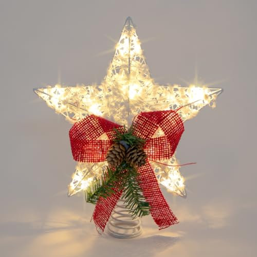 The Christmas Workshop 73859 Snowy Star Shaped Tree Topper/Lights Up with 10 Warm White LEDs/Fits Various Christmas Trees/Battery Operated with Timer