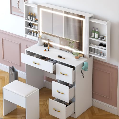 Karl home Dressing Table with Sliding Mirror & Stool Set, Vanity Table w/ 3-Color LED Lights Mirror, Bedroom Dressing Tables with 4 Drawers & Charging Socket, Hidden Storage Space, White