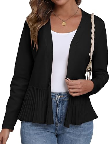 GRECERELLE Chaqueta de punto para mujer con dobladillo plegado, ligera, de manga larga, cárdigan corto, elegante, casual, con abertura frontal, bolero, Negro , XL
