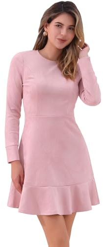 Allegra K Damenkleid aus Wildlederimitat, Rundhalsausschnitt, elegant, langärmelig, Rüschenkleid, Pink, Mittel