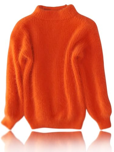 Lady Winter Angora Cashmere Blend Loose Warm Sweater, Loose Solid Color Crewneck Knit Pullover Sweater, Casual Thick Fleece Turtleneck Sweater, Warm Sweater Top (S,Orange)