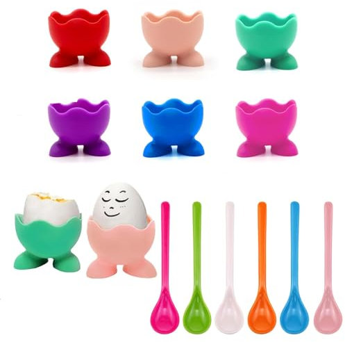 6Pcs Set Egg Cups, Egg Cup, Egg Cups 6 Boiled Egg Holder Kitchen Egg Cups Set Colorful for Kitchen Boiled Eggs Breakfast Stack and Egg Cups Holders (Egg Cups and Spoons are Randomly Colored)