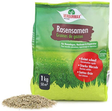 Verdurmax 1 kg Rasensamen - Hochwertige Mischung für 40m² dichten, strapazierfähigen & schnellkeimenden Sport- und Spielrasen - Trockenresistent & Ideal für Neuanlage, Nachsaat & Rasenreparatur