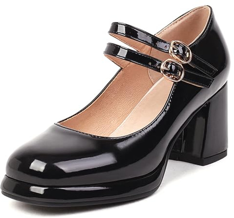 Gicoiz Mary Jane Damen Lack Block Schuhe Knöchelriemchen Pumps Bogen Komfort Plateau Runde Zehen Party Hochzeit High Schuhe Chunky Schuhe Schwarz Gr 6-40
