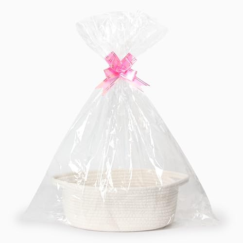 Bigepige Geschenkkorb leer, Geflochtener Korb aus Baumwolle mit Henkel | Präsentkorb inkl transparenter Geschenkfolie und Schleife, Hochzeit, Aufbewahrung Weiß