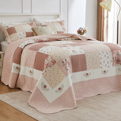 DDUOXIN Übergröße King Tagesdecke – 120 W x 120 L Extra Breit – 100% Baumwolle Patchwork Übergroße Steppdecke mit 2 Kissenbezügen, Bauernhaus Floral Leichte Tagesdecken Deckensets, Rosa-Patchwork
