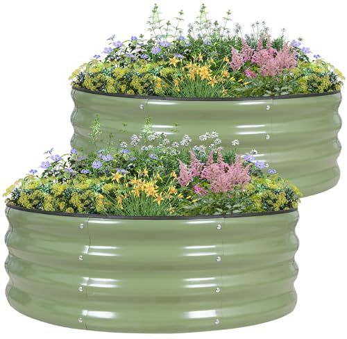 BIRDSINYARD Round Raised Garden Bed 2Pcs 90x90x30cm Metal Raised Bed for Garden Bottomless Galvanised Planter Box Outdoor with Safety Edging for Vegetables, Herb,Flowers, Olive Green