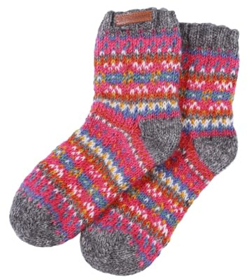 Pachamama Calcetines de cama para mujer, 100 % lana, hechos a mano, tradicionales Fairisle, coloridos, talla M, 4-7, hechos a mano, extra cálidos, de comercio justo, Pink, Talla única