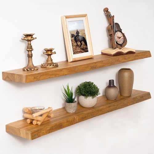 Marsmiles 36in Wood Floating Shelves for Wall Mounted, 2Pack|Natural | Live Edge, Reclaimed Elm Wood, Invisible Heavy-Duty Bracket, Rustic Wall Shelves for Bathroom Kitchen Living Room