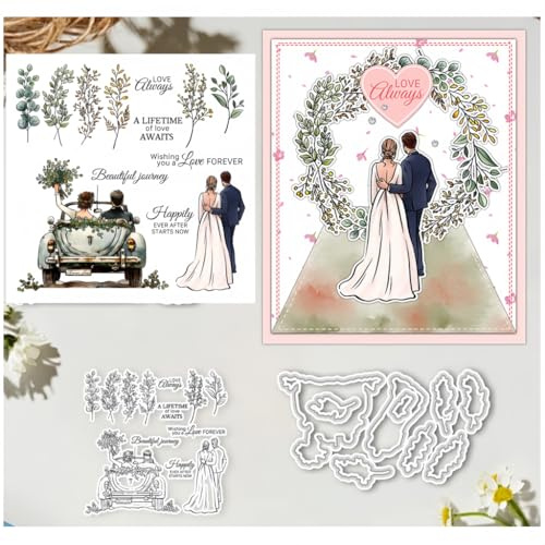 Sredwtk Hochzeitsauto Hochzeit Stempel und Stanzen Set,Silikonstempel und Stanzen Set,Stanzschablonen und Stempelset,Clear Stamp und Stanzschablone Für DIY Scrapbooking Fotoalbum Dekor Karten