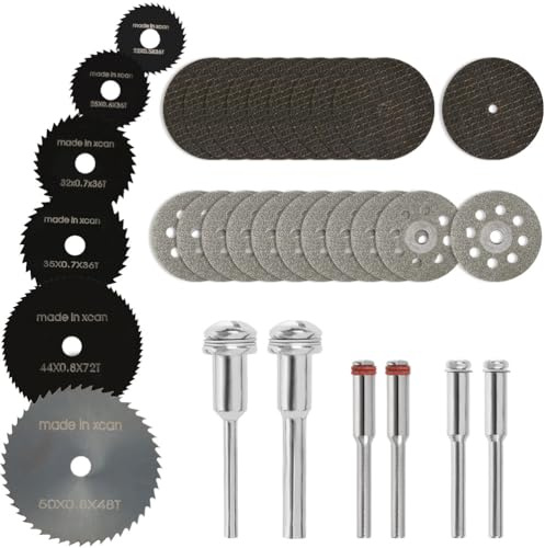 CENBEN 32PCS Rotary Drill Saw Blades Set, 6Pcs HSS Circular Saw Blades with 1/8 and 1/4 Shank, 10Pcs Diamond Cutting Wheels Resin Cutting Discs for Wood, Aluminium, Glass, Plastic, Metal, Stone