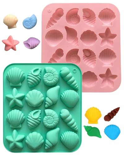 KEMUZ 2er-Set Seifenformen Silikon – Premium Schokoladenformen mit Meeresmotiv (Seesterne & Muscheln) – Ideal für DIY Süßigkeiten, Kuchen & Seifenherstellung