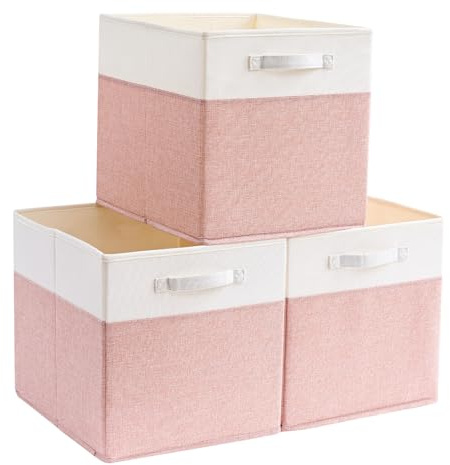 Mangata Cajas de almacenamiento en forma de cubo de 33 x 38 x 33 cm, cestas de almacenamiento grandes de tela para unidades de almacenamiento, cubos de ropa, cestas, cofres, juguetes (rosa/blanco