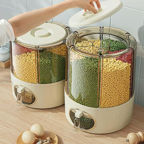 360° Rotating Grain Storage Container - 6-Compartment Transparent Rice Dispenser with One-Click Output, Airtight Dry Food Organizer for Rice, Legumes, Red Beans & Kitchen Pantry Storage (M+L)