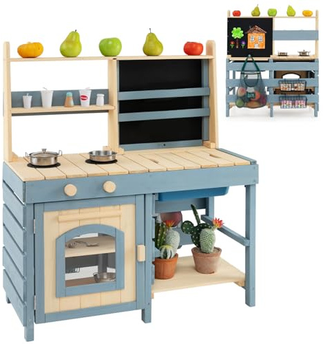Maxmass Double-Sided Kids Mud Kitchen, Wooden Children Toy Kitchens with Removable Sink, Chalkboard, Storage Bag, 2 Metal Baskets, Outdoor Toddler Pretend Kitchens Play Toys for 3+ Years Old