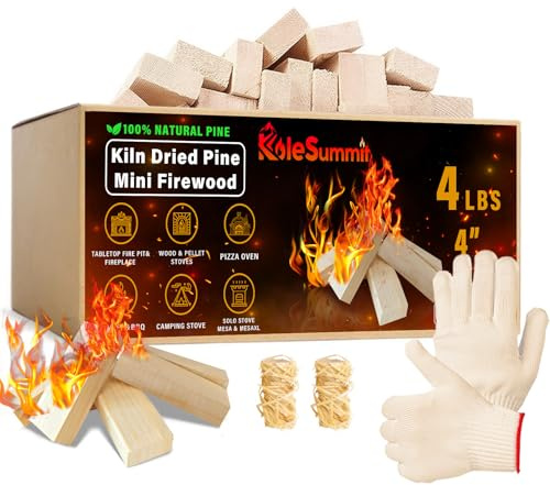 KoleSummit Mini Fire Stick with Fire Starters Gloves 4 Kiln Dried Pine Small Barkless Kindling Logs Compatible with Wood Stoves, Tabletop Fire Pits, BBQ Grills & Pizza Ovens, 4 lb Box