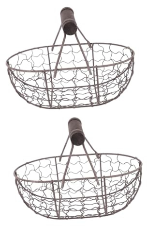 WEKAMOS 2 piezas Cestas de Almacenaje de Hierro y Madera de Canastas Multiusos para Frutas Verduras y Huevos Diseño Compacto para Cocina y Mesa