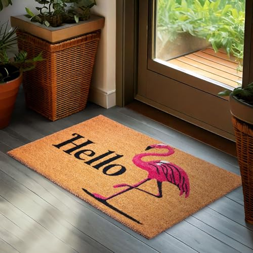 BRUBAKER Fußmatte für Außen und Innen - Hello Flamingo - 45 x 75 cm | Schmutzfangmatte - Fußabtreter aus 100% Kokos - Wetterfest und Rutschfest - Antirutsch Türmatte für Haustür - Braun und Pink