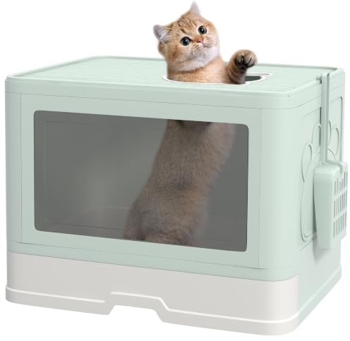 PawHut Lettiera per Gatti Chiusa Cassetto Estraibile Pulizia Facile Verde | Toilette per Gatti, Doppia Entrata Frontale e Superiore, Cassetto Estraibile, Paletta e Spazzola, Facile da Pulire