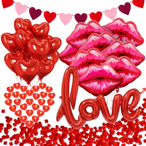 Larber Romantisches Valentinstag Dekorations Set mit LOVE Ballon,Herz&Lippen Folienballon,1000 Rosenblättern,50 Rote Teelichter,Herzgirlanden Banner für Valentinstag,Schlafzimmer,Jubiläums Dekor