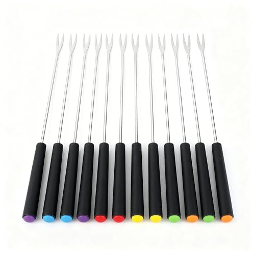 Lot de 12 fourchettes à fondue en acier inoxydable avec manche en plastique - 24 cm de long - Pour fondue au fromage, fondue au chocolat, grillade de guimauves au feu de camp ou fourchettes à fruits