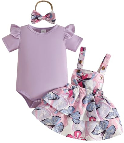 JENJON Neonata Bambina Gonne Set Estivo Manica Corta con Stampa a Cuore Top + Regolabile Bretelle Abito + Fascia per Capelli Abiti 3Pcs Completo Farfalla viola 6-12 Mesi