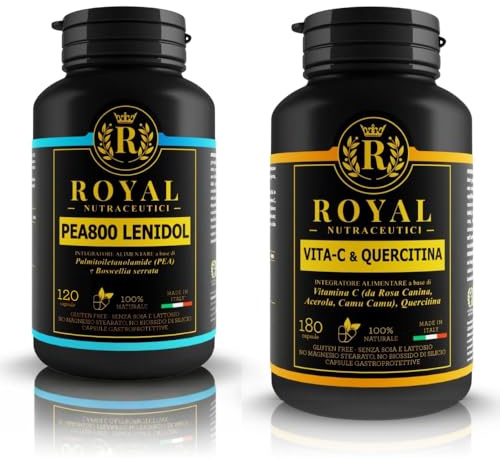 Kit Integratori Benessere Articolare e Difese – PEA Ultra-Micronizzata 800 mg + Boswellia 200 mg (120 Capsule) + Vitamina C Naturale con Quercetina (180 Capsule) – Made in Italy – Royal Nutraceutici