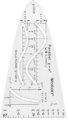 Westcott Parabelmall | Kurvmall för matematik med parabel, sinus och tångkurva | transparent ritmall för skola och teknik | E-110213 00