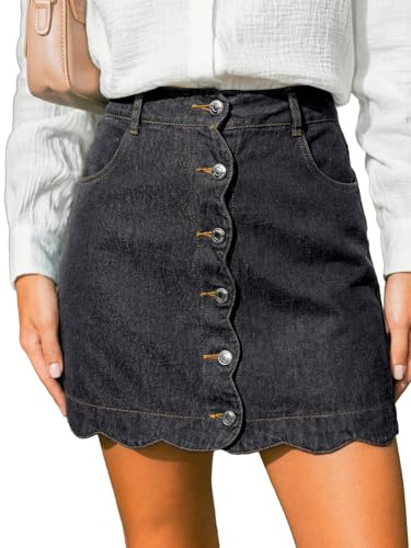 CUPSHE Women Denim Skirt Casual High Waist A-Line Scalloped Hem Mini Jean Skirt with Pockets Black L