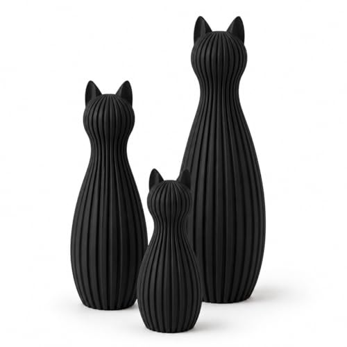 Minimalistische Katzenfigur Skandinavisch – 3D Druck Deko Katze | Modernes Japandi Design | Matte Oberfläche | Wohnzimmer Deko, Geschenkidee, Home Decor Figur (schwarz, Set aus 3)