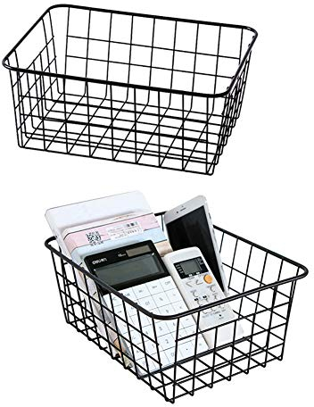 Metal Wire Storage Basket with Handles for Kitchen Food Pantry Papers Home Office Desk Shelf Bathroom Laundry Room Shelf Bedroom Bed Room, 2PCS (Black)