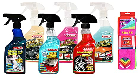 Ma-Fra Kit Trattamento Auto Interno ED Esterno. 3IN1 PLASTICA- Last Touch-Fast CLEANNER - Cerchi & GOMME -GLASS CLEANER - Trattamento Tessuti 3IN1- INSIEME 7 PANNI MICROFIBRA MULTIUSO 30x35 cm