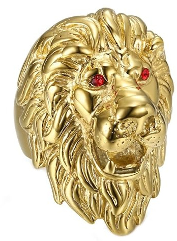 BOBIJOO Jewelry - Enorme Lourd Bague Chevalière Homme Tête de Lion Voyageur Acier Inoxydable Or Yeux Rouges Rubis - 68 (12 US)