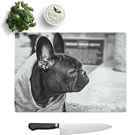 Kitchen Chopping Board Glass - Black French Bulldog - Textured Worktop Saver Cutting Board - Heat Resistant, Shatterproof and Hygenic - 39 x 28.5 cm