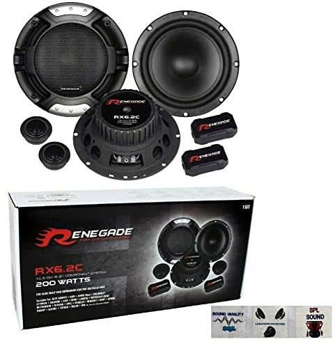 Renegade RX6.2C kit sistema a 2 vie da 6,5 165 mm 16,50 cm di diametro 100 watt rms 200 watt max woofer tweeter crossover auto 4 ohm nero, a coppia + 3 adesivi omaggio