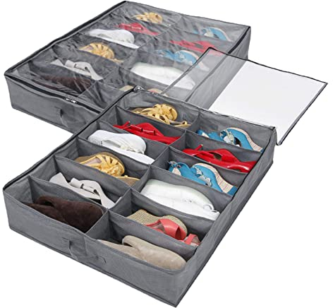 Under Bed Shoe Storage Organizer-Set of 2, Under Bed Shoe Storage Box with Lid Fits 24 Pairs Total - Clear Foldable Underbed Storage Solution Gray