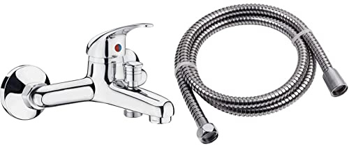 CON:P Bade-Einhebelarmatur Piccolo - Hochwertiger Messingkörper & Werkzeyt Brauseschlauch Carballo - 150 cm Länge - Edelstahl verchromt - Extrem Belastbar - 1/2 Zoll Anschluss