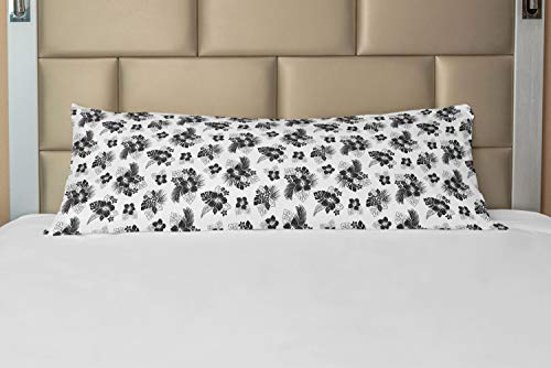 ABAKUHAUS Blumen Körper Kissenbezug mit Reißverschluss, Belaubt Hibiscus Stiefmütterchen Kunst, Deko-Akzent Langer Kissenbezug, 53 x 137 cm, Charcoal Grau und Weiß