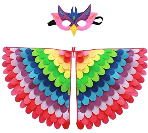 Proumhang Kinder Vogelflügel Kostüm für Alter von 3~8 Jahren,Vogeleule und Pfau Maske Eule verkleiden sich,Jungen Mädchen Filzaugen Maske und Flügel Set,Halloween Buntes Kostüm,Stil 7