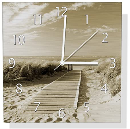 Wallario Design Wanduhr Auf dem Holzweg zum Strand in Sepiafarben aus Aluverbund, Alu-Uhr Größe 30 x 30 cm, weiße Zeiger mit Metalloptik