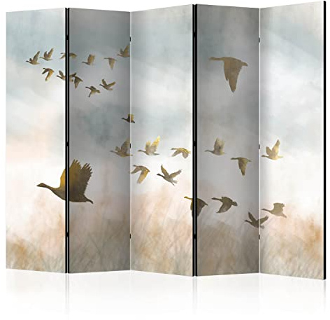 murando - Paravent Raumteiler Vögel, 225x172 cm, 5-teilig, Wohnzimmer, Büro | Mobiler Sichtschutz, sofort einsatzbereit, Holzrahmen, ideal fürs Wohnzimmer oder Büro, geruchsneutral, lichtbeständig