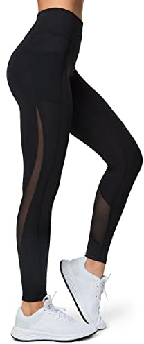 Yvette Leggings Sport Femme avec Poches Maille Respirant Taille Haute Pantalon de Sport Opaque pour Fitness Yoga Danse Noir-361 S
