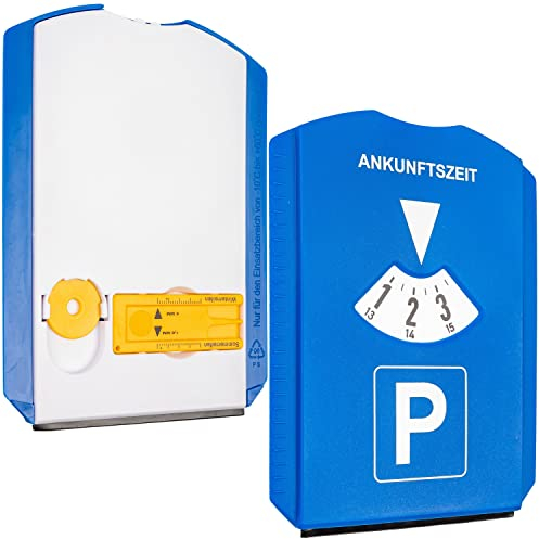 Parkscheibe mit Eiskratzer, 2 Stück, in Blau, Parkuhr inkl. Reifenprofilmesser und Einkaufswagenchip, für Auto, LKW, Wohnmobil, Parking Disc Blue, Parkscheiben, Parkkarte, Park Scheibe Ankunftszeit