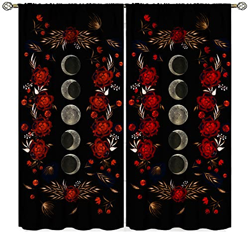 Moon Floral Curtains Black Flower Wildflower Phase Moonlit Garden Boho Spring Vines Nature 2 Panel Window Treatment Set for Bedroom Living Room Decor 42x45 Inch Decor
