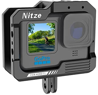 Nitze Aluminum Alloy Cage for GoPro Hero 12/11/10/9 Black Action Camera, with 2 Cold Shoes, Several Threaded Holes for Micphone and LED Light - T-GP01A