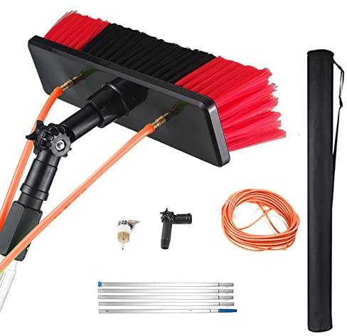 MENAYODA 5-10m Wasserführende Teleskopstange, Reinigungsbürste mit Teleskopstiel Ausziehbar für Photovoltaik Sonnenkollektoren, Fenster, Autowaschbürste(5m Stange, 30cm Bürste)
