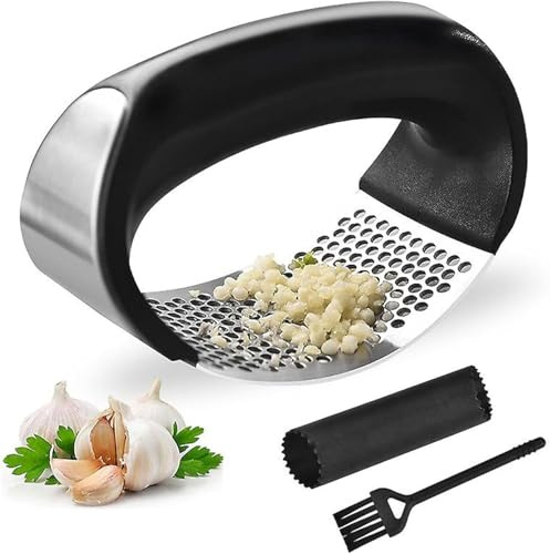 Garlic Press Mincer Ginger Crusher Peeler Squeezer Stainless Steel Garlic Presser Chopper Professional Food Prep Grade Dishwasher Safe Easy to Clean (3Pcs Garlic Presser Set)