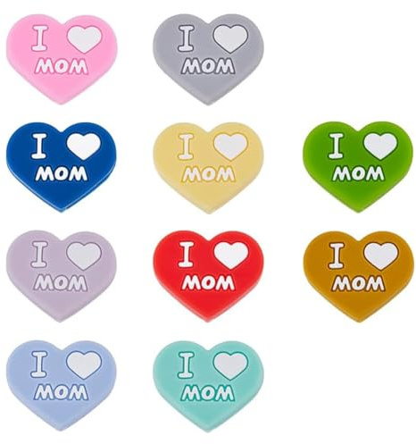 SUPERFINDINGS 10 pièce de Perles Focales en Silicone en Forme de Cœur 10 couleurs avec Mot Papa et Maman Perles Focales Rondes Plates Mama Perle en Silicone Assorties pour Stylo Porte-Clés Trou:2mm